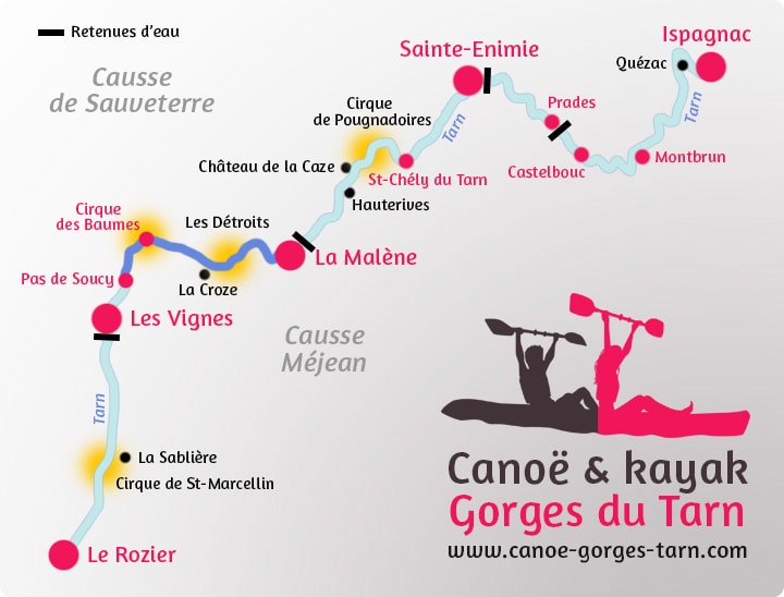 Carte du parcours La Malène / Pas de Soucy Gorges du Tarn